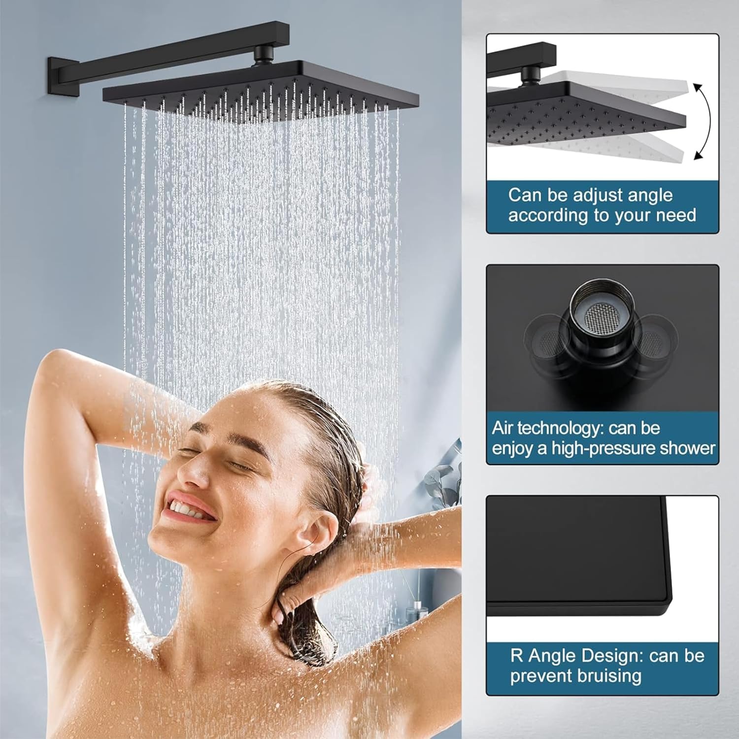 Fossa 8 Inch Rainfall Shower Head 304 Stainless Steel Rain Showers Overhead Wall Mounted (Black)