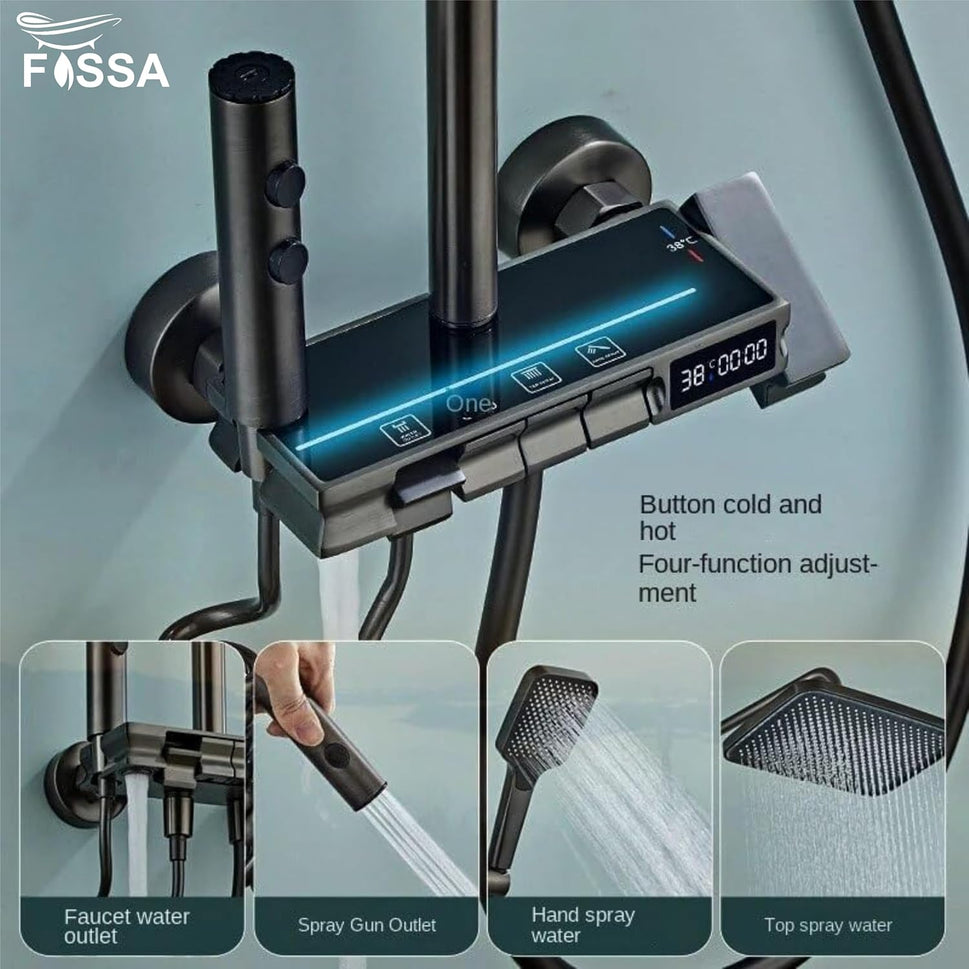 Fossa Brass Thermostatic LED Shower Panel Full Set Temperature Display Shower Set 4 Function, Mixer Shower System, Hand shower, Overhead Shower, Jet Spray For Bathroom Shower Set (Grey)