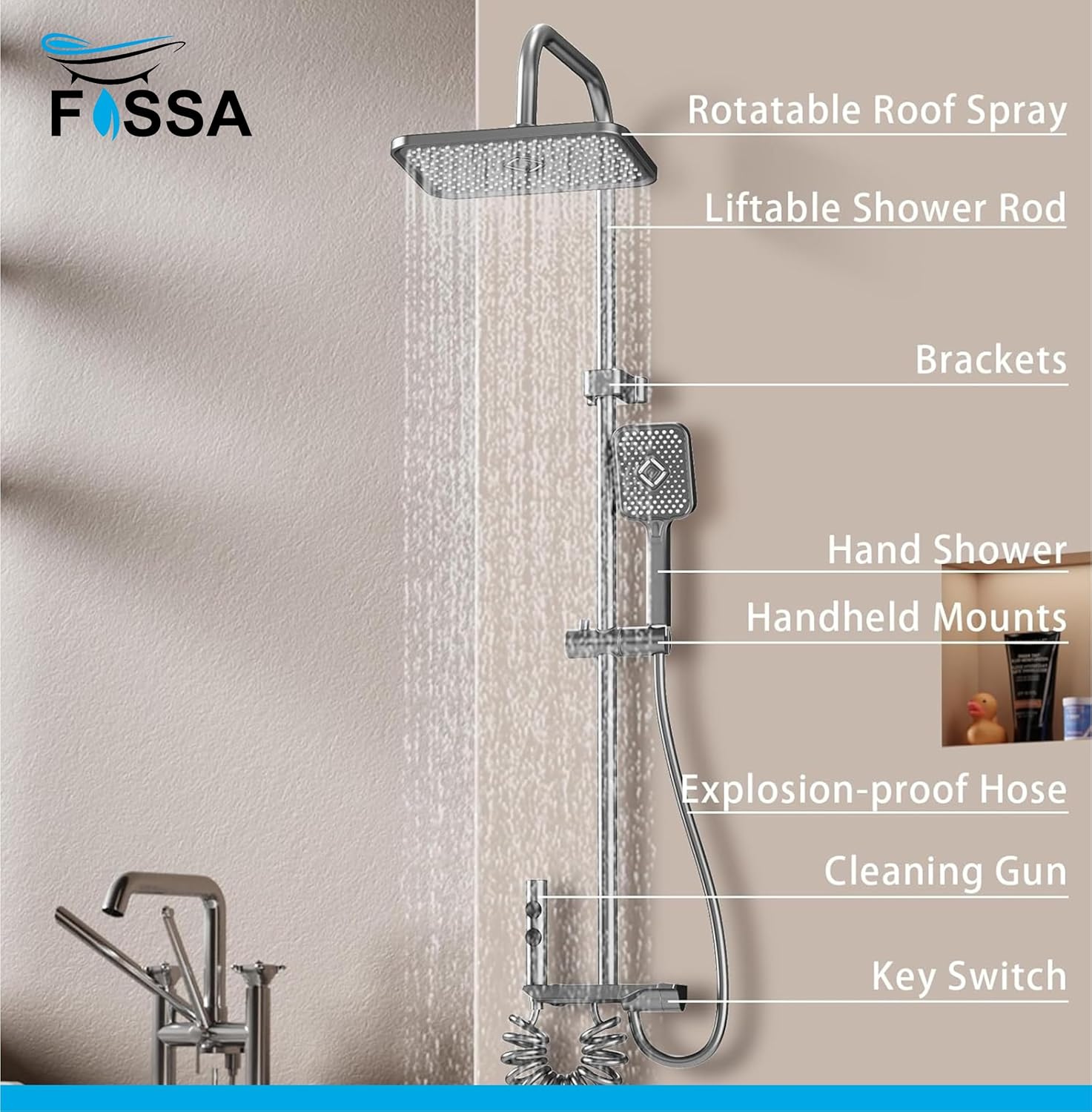 Fossa Spark Shower System with Thermostat Shower Set Wall Piano Button Shower Set Height Adjustable Rain Shower Set with Shower Fitting, 12 Inch Shower Head, Hand Shower, Bidet Spray, Gun (Grey) ( Heavy Weight )