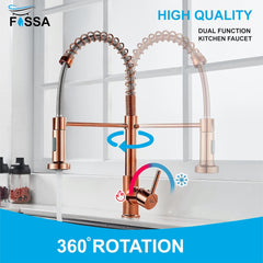 Fossa Kitchen Taps, Kitchen Sink Mixer Tap with Pull Down Sprayer, Kitchen Mixer Taps 1 Hole, 360°Swivel Spring Kitchen Faucet Single Handle Lever, 2 Spray Modes (Chrome Finish) Rose Gold