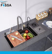 Fossa 37"x18"x10" inch Single Bowl With Dustbin 304 Grade Sink Waterfall Kitchen Sink Honeycomb Embossed Sink with Black Nano Coating, Stainless Steel, Rectangular Workstation,faucet With all Accessories.