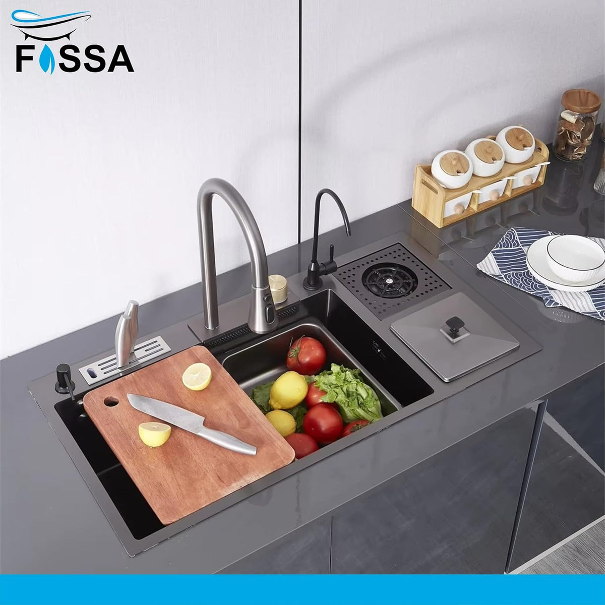 Fossa 37"x18"x10" inch Single Bowl With Dustbin 304 Grade Sink Waterfall Kitchen Sink Honeycomb Embossed Sink with Black Nano Coating, Stainless Steel, Rectangular Workstation,faucet With all Accessories.