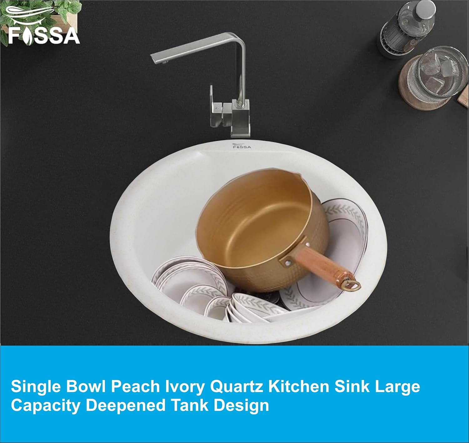 Fossa 18"x18"x08" Inch Round Bar Sink, Single Bowl Kitchen Sinks, Quartz German Engineered Technology Kitchen Sink Easy-to-Clean Sink for Outdoor Indoor Catering Restaurant Hospital (Peach Ivory)