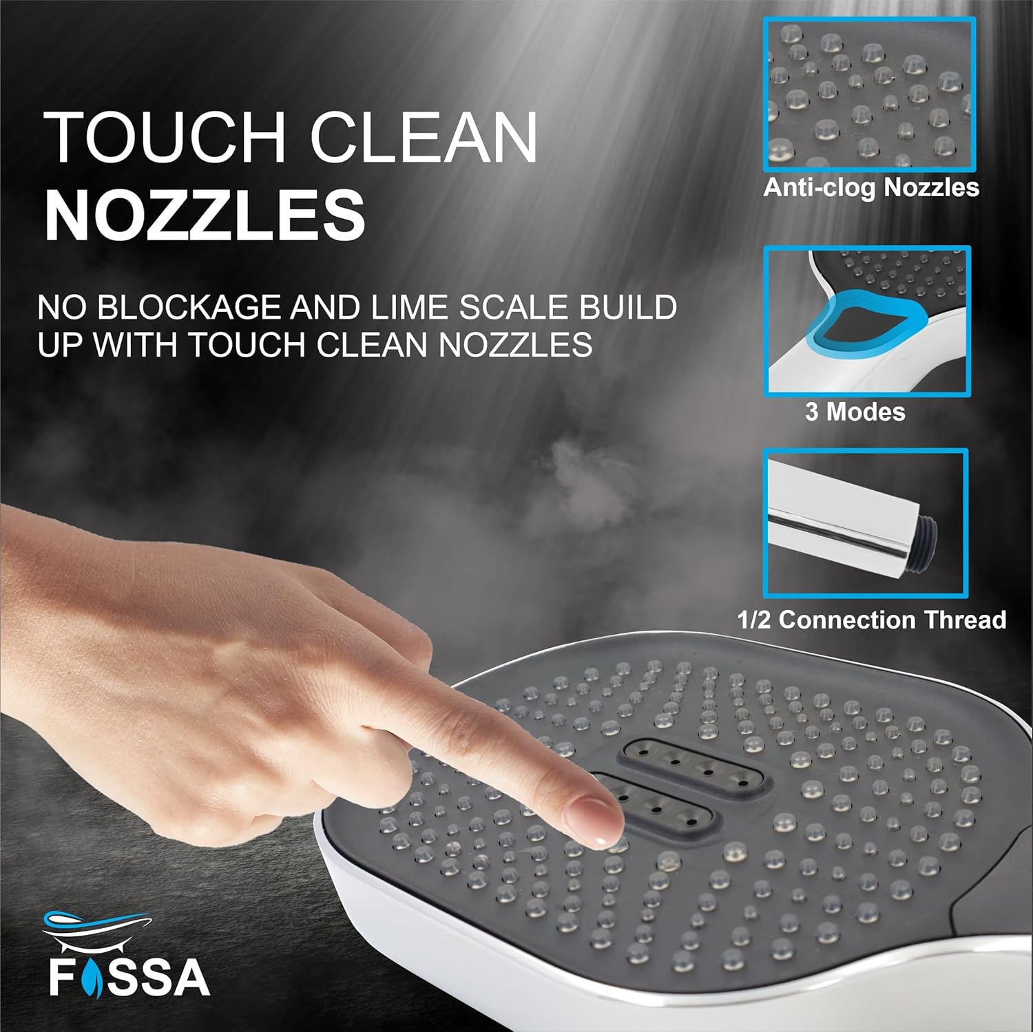 Fossa Thunder Black Luxury Handheld Shower Head with 3 Spray Setting Modes, Multi-Function, Large Hand Shower with Wall Hook and 1M SS Shower Tube,Handheld Shower for Bathroom (Chrome Finish)