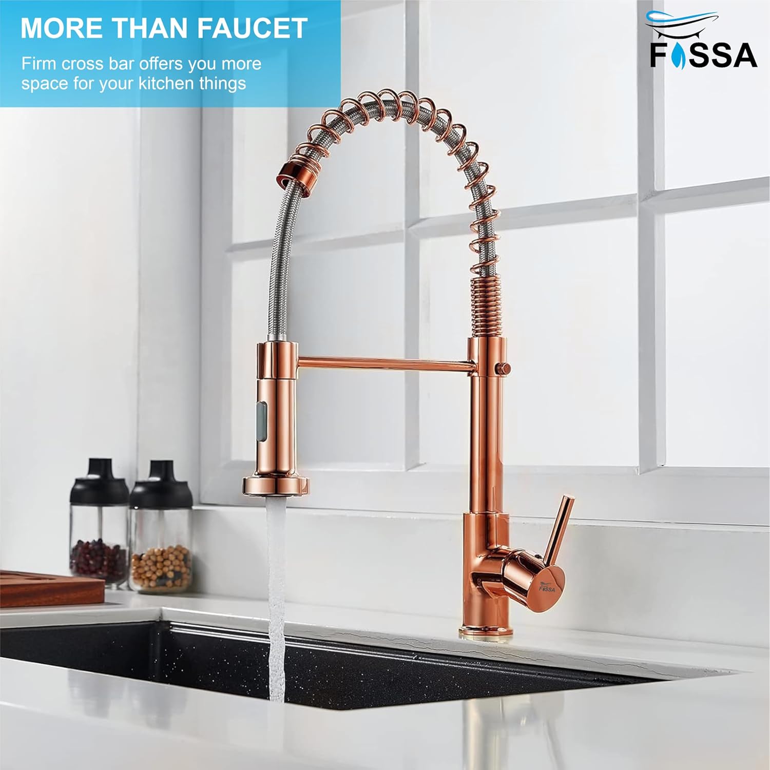 Fossa Kitchen Taps, Kitchen Sink Mixer Tap with Pull Down Sprayer, Kitchen Mixer Taps 1 Hole, 360°Swivel Spring Kitchen Faucet Single Handle Lever, 2 Spray Modes (Chrome Finish) Rose Gold