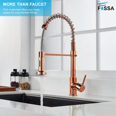 Fossa Kitchen Taps, Kitchen Sink Mixer Tap with Pull Down Sprayer, Kitchen Mixer Taps 1 Hole, 360°Swivel Spring Kitchen Faucet Single Handle Lever, 2 Spray Modes (Chrome Finish) Rose Gold