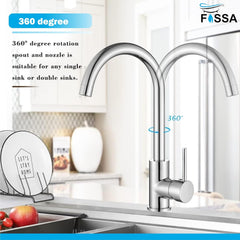 Fossa J Bend Faucet High Pressure Kitchen Faucet 360° Swivel, Stainless Steel Kitchen Faucet, Kitchen Mixer Tap with High Spout-257mm (Chrome Finish)