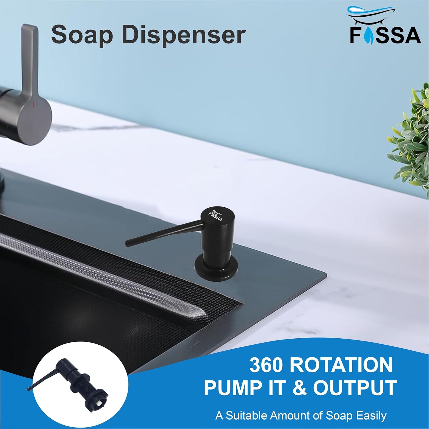 Fossa Soap Dispenser for Kitchen Sink ABS Plastic Built in Sink Soap Dispenser with Refillable Bottle 300ml Capacity Brushed Nickel (Black)