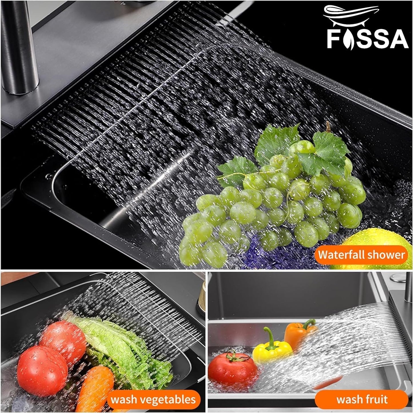 Fossa 37"x18"x09" Double Bowl Waterfall Kitchen Sink Honeycomb Embossed Sink with Black Nano Coating, Stainless Steel, Rectangular Workstation, Faucet with Included All Accessories. (Black)