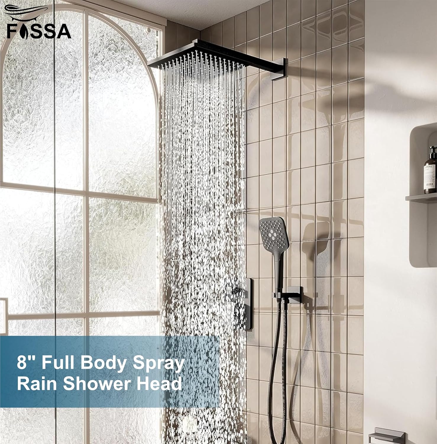 Fossa 8 Inch Rainfall Shower Head 304 Stainless Steel Rain Showers Overhead Wall Mounted (Black)