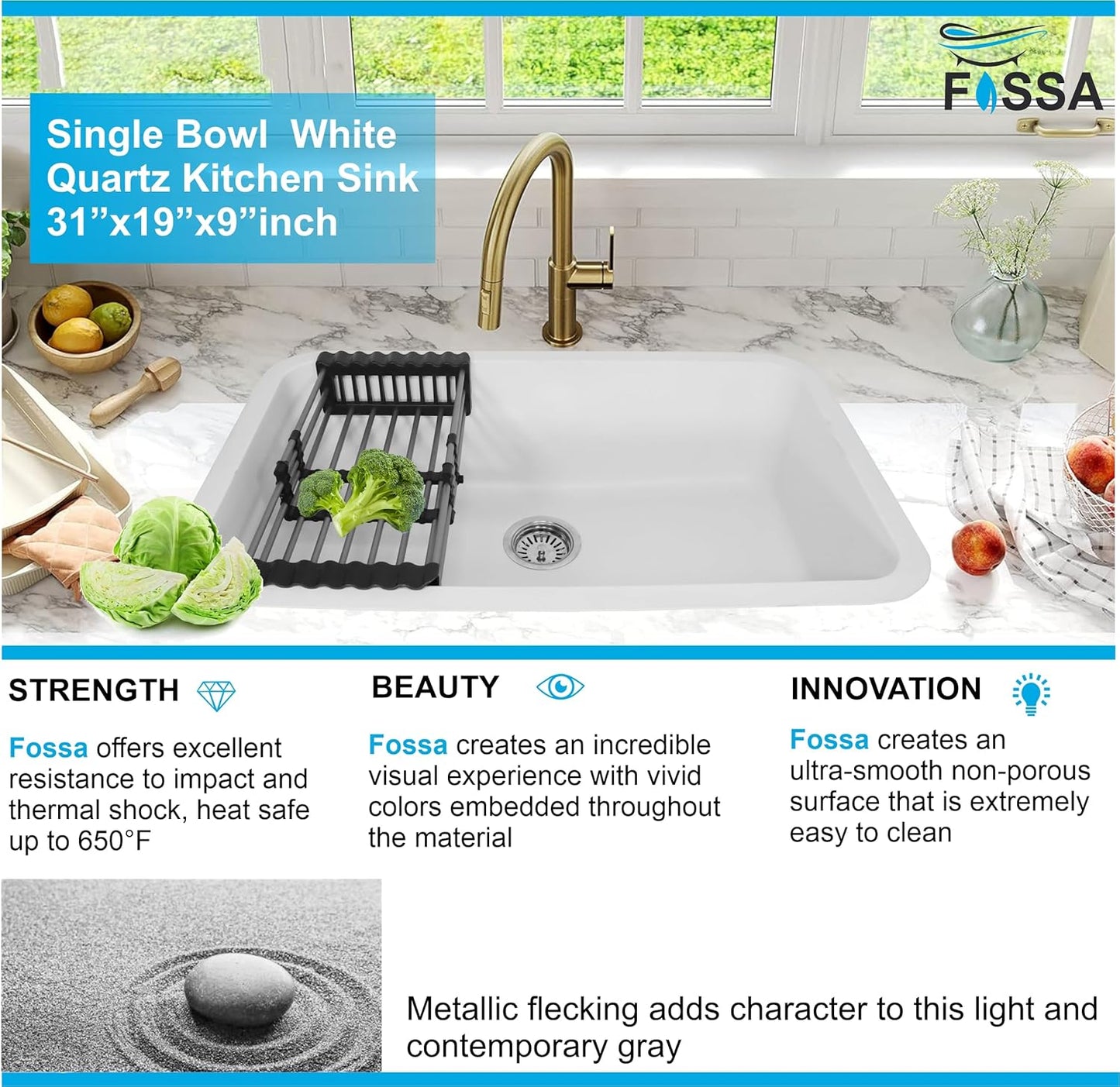 Fossa 31"x19"x09" Inch Granite Quartz Kitchen Sink Single Bowl with Basket, Coupling, Waste Pipe Quartz German Engineered Technology Kitchen Sink Easy-to-Clean Sink (White)