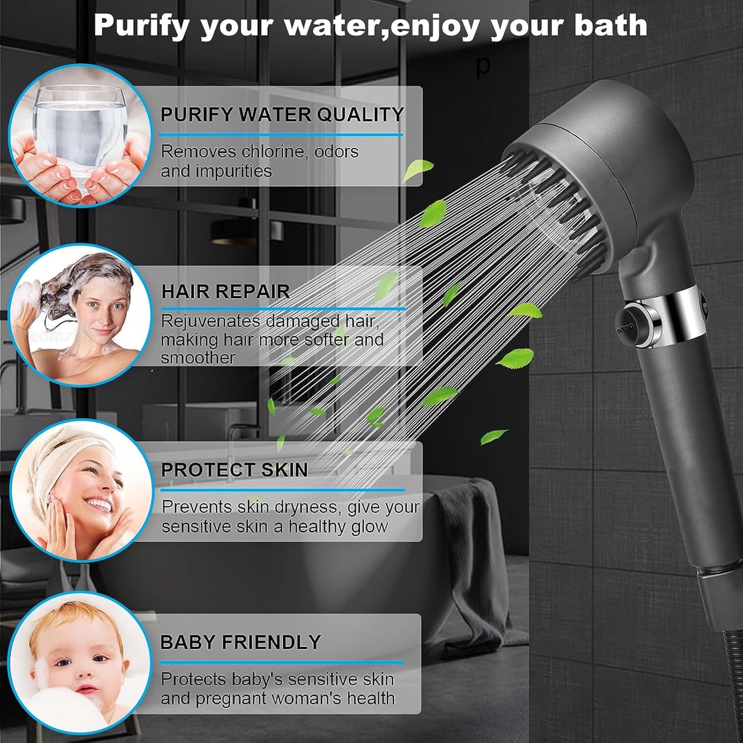 Fossa Snow 2 in 1 Handheld Shower Set with Filter, 3 -Gear Spray High Pressure Shower Head, Hard Water Softener for Shower, High Pressure Hand Shower Head for Bathroom with Pause Switch