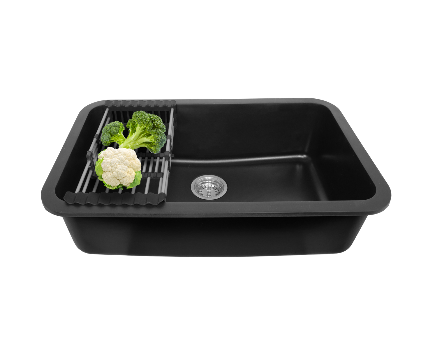 Fossa 30"x18"x09" Inch Granite Quartz Kitchen Sink Single Bowl with Basket, Coupling, Waste Pipe Quartz German Engineered Technology Kitchen Sink Easy-to-Clean Sink (Black)