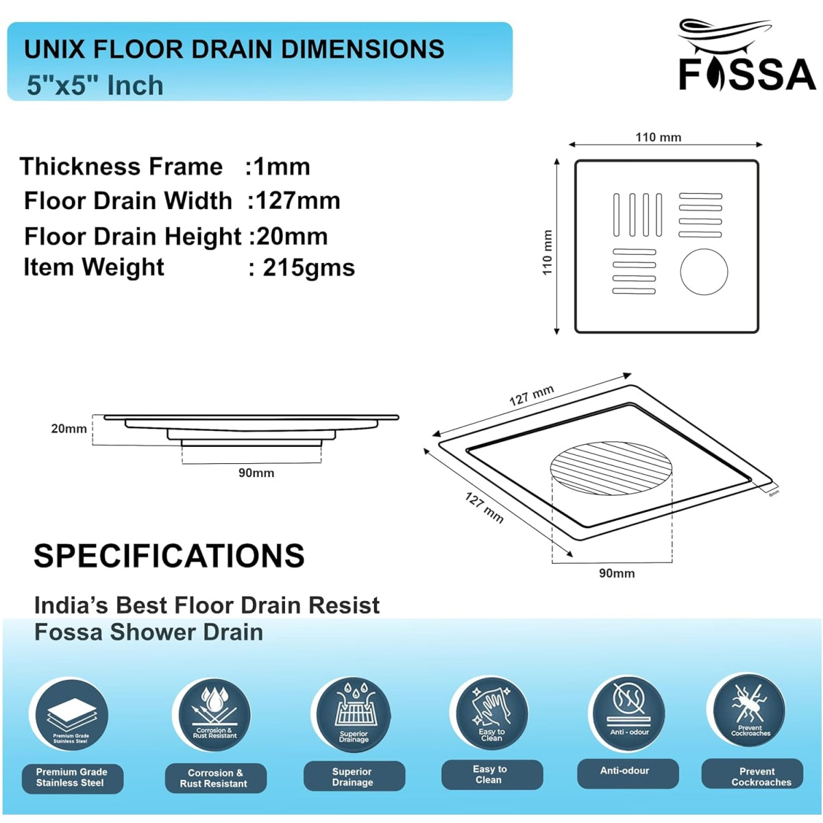 specification of Square drain with trap hole 