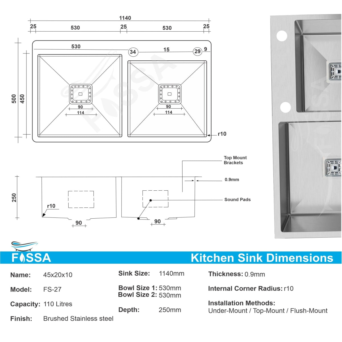 Double bowl with singel tap hole dimension image 