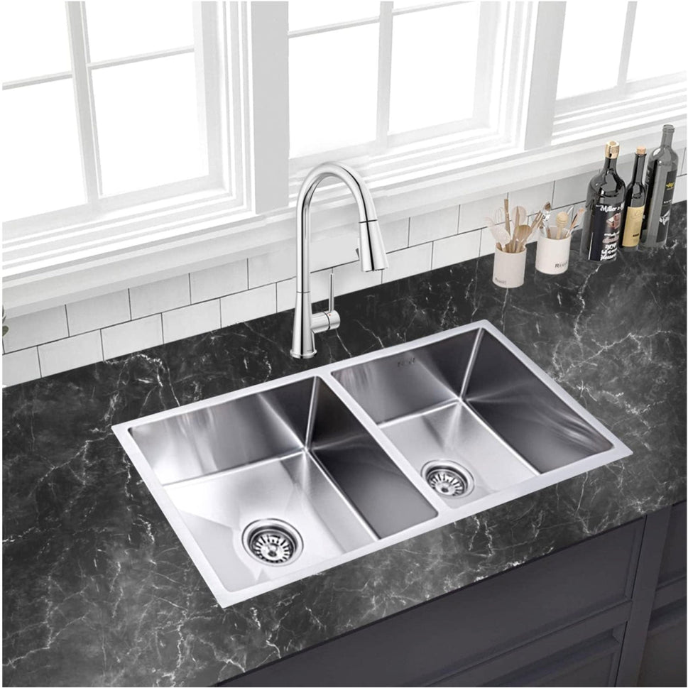 Fossa Premium Stainless Steel Handmade 37"x18"x10" Double Bowl Round Coupling Kitchen Sink Matte Finish Included Strainer-Basket,Sink Coupling,Waste Pipe