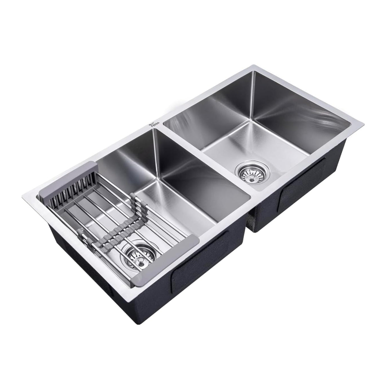 Fossa Premium Stainless Steel Handmade 37"x18"x10" Double Bowl Round Coupling Kitchen Sink Matte Finish Included Strainer-Basket,Sink Coupling,Waste Pipe