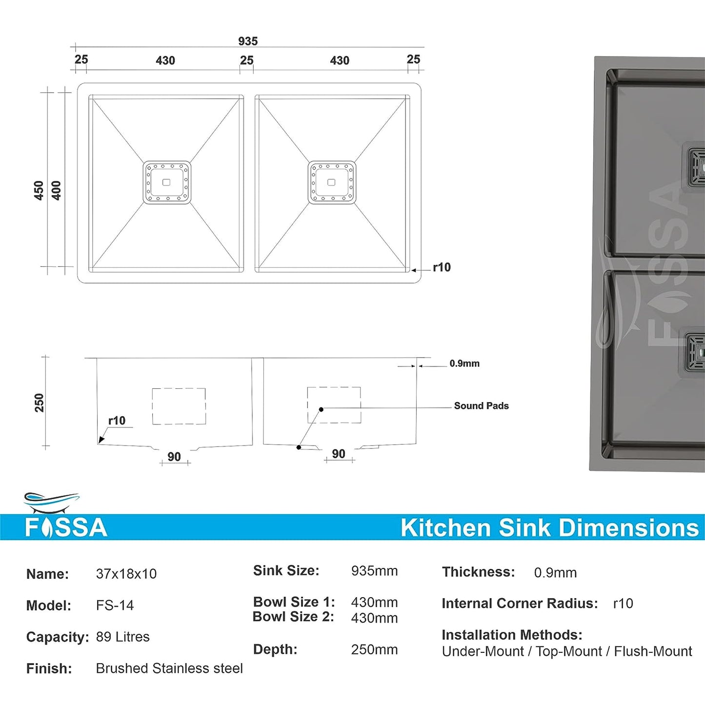 FOSSA 37"x18"x10" Double Bowl Premium Stainless Steel Handmade Kitchen Sink Black Fossa Home