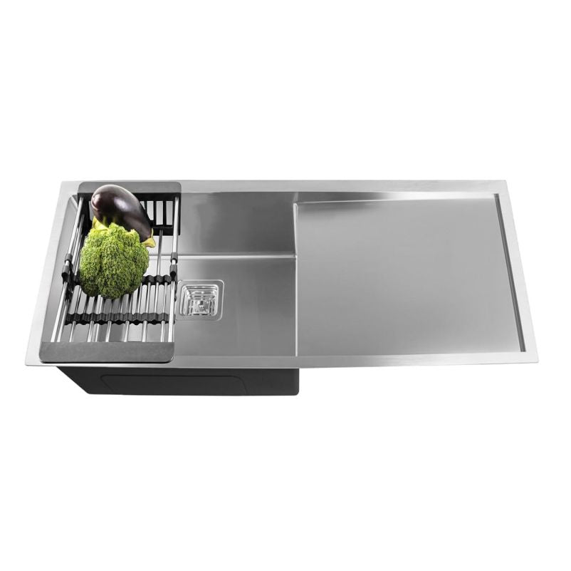 FOSSA 37"x18"x10" Single Bowl With Drain Board 304 Grade Handmade Kitchen Sink Silver Fossa Home