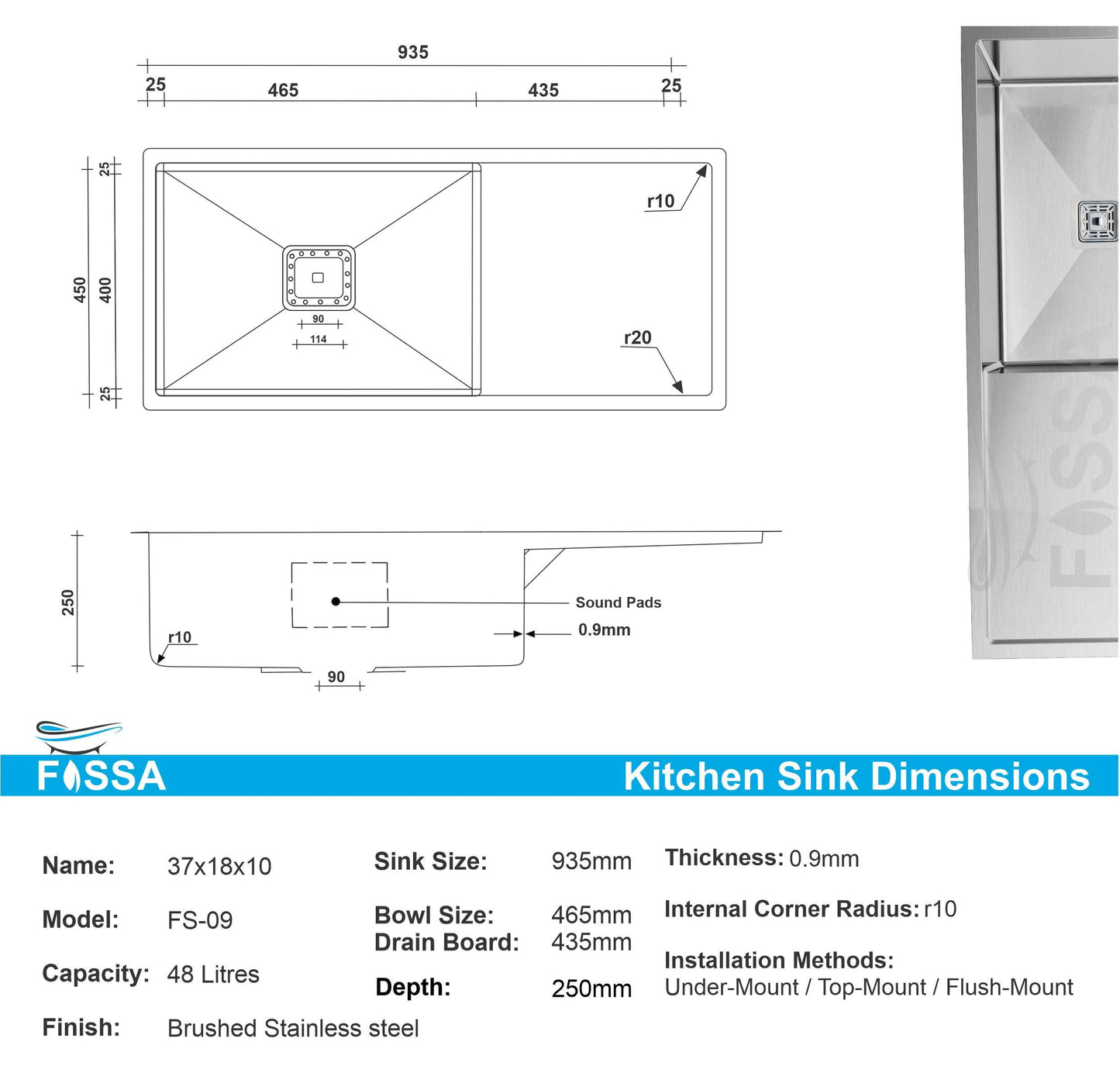 FOSSA 37"x18"10" Single Bowl With Drain Board  Stainless Steel Handmade Kitchen Sink Matte Finish - Fossa Home 