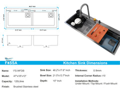 FOSSA WaterFall Double Bowl 47"x18"x10" Premium Stainless Steel Handmade Kitchen Sink, Matte Finish, FS-WF3A Fossa Home
