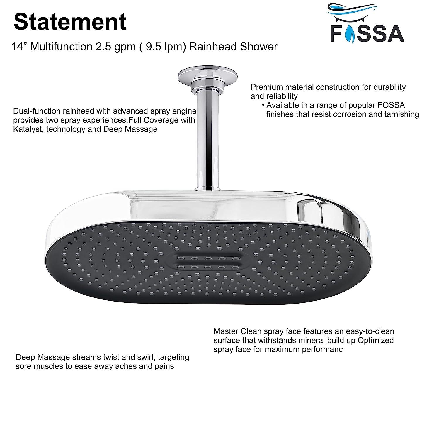 Fossa 14 inch Rain Shower Head Rectangle- Wide Coverage Rainfall Style Water Spray - Adjustable Showerhead - Fossa Home 