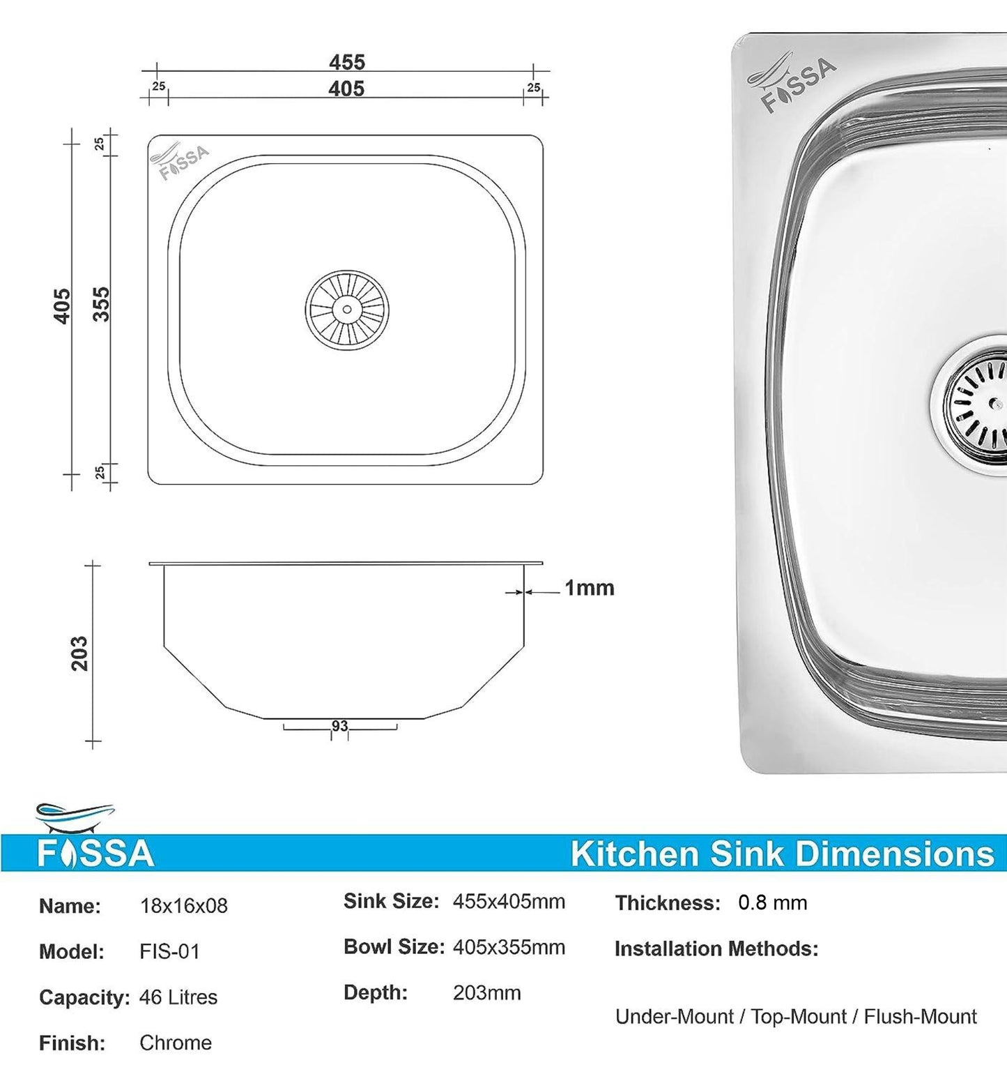 Fossa 18"x16"x08" inch Single Bowl Premium Stainless Steel Kitchen Sink With PVC Coupling Glossy Finish