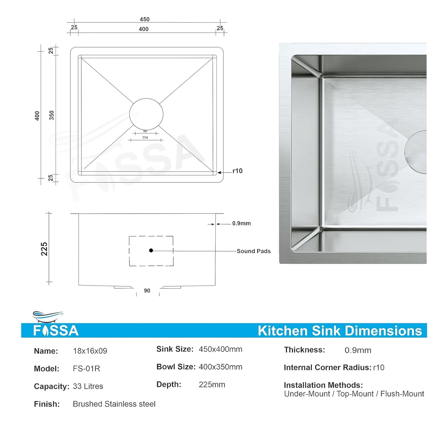 Fossa 18"x16"x09" Inch Single Bowl Premium Stainless Steel Handmade Kitchen Sink Round Coupling Matte Finish Silver