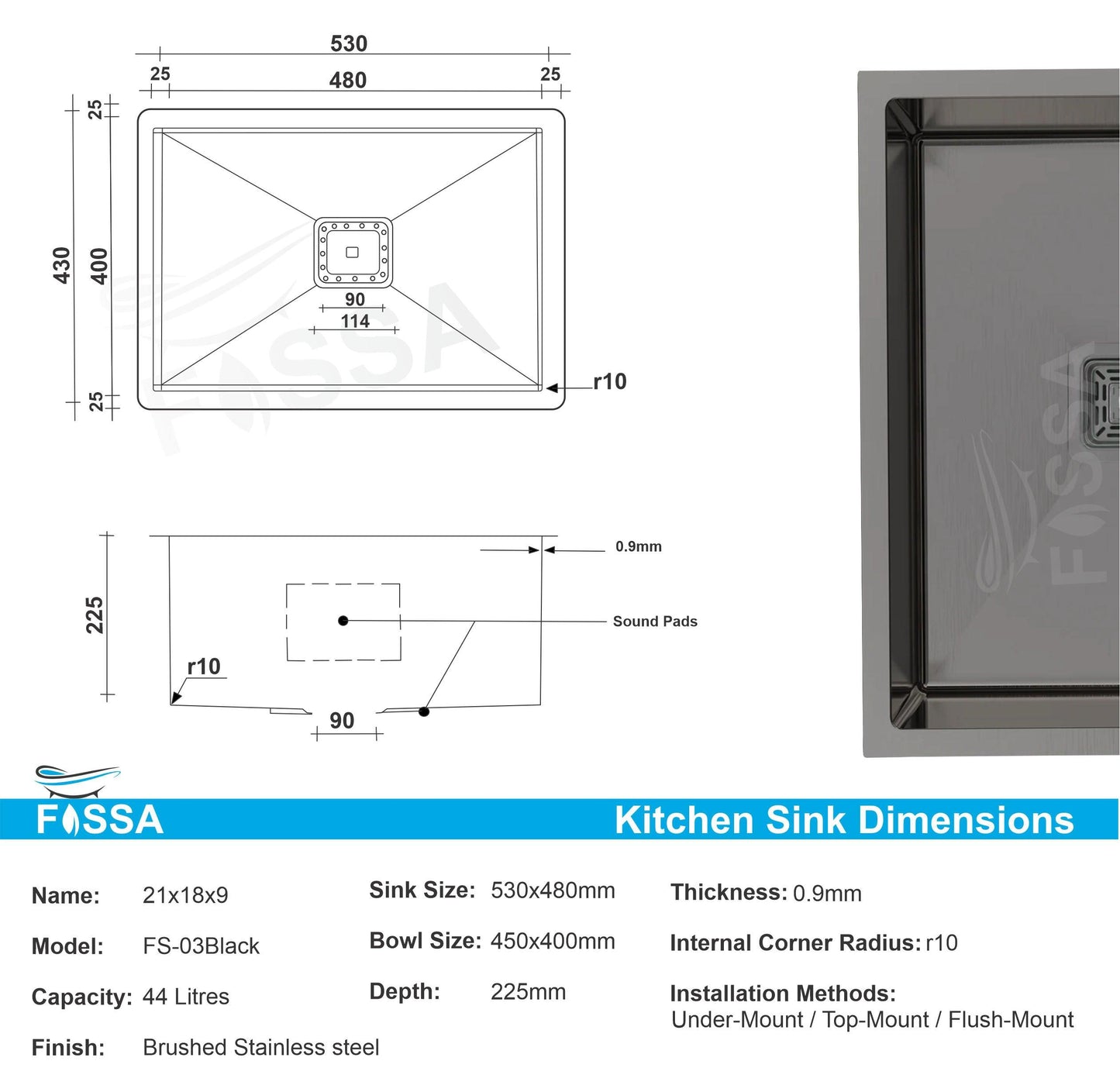 Fossa 21"X18"X09" Single Bowl Stainless Steel Handmade Kitchen Sink Black Matte Finish - Fossa Home 