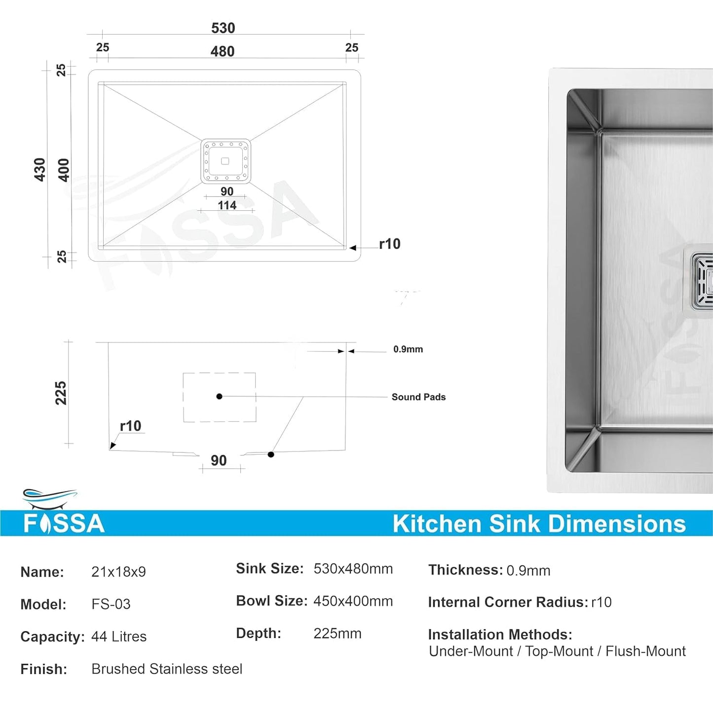 Fossa 21"X18"X09" Single Bowl Premium Stainless Steel Handmade Kitchen Sink Silver Fossa Home