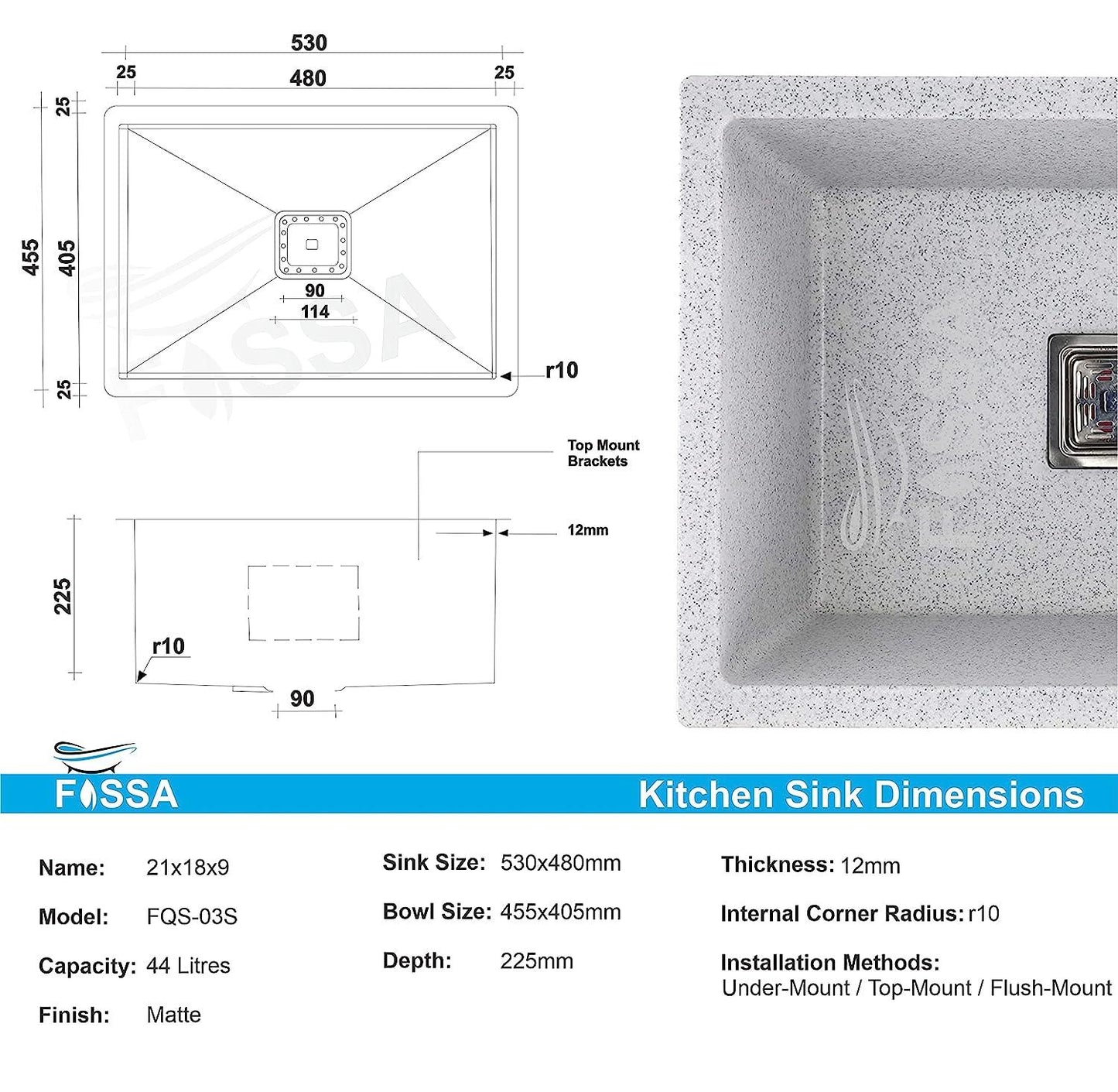 Fossa 21"x18"x09 Quartz Single Bowl Kitchen Sink Super Strong Matt Finish (Greystone) - Fossa Home 