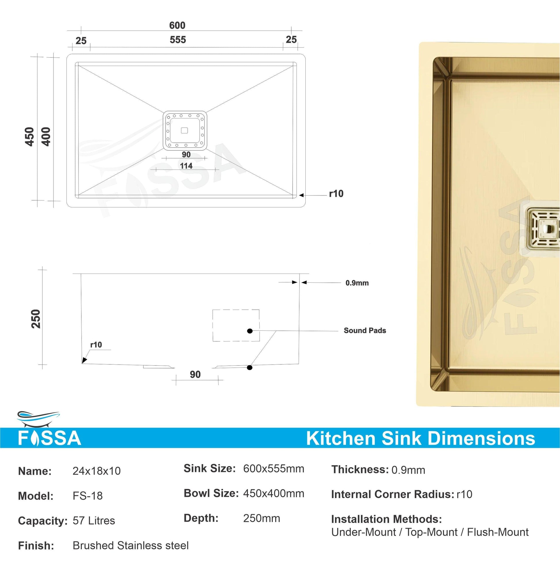 Fossa 24"X18"X10" Single Bowl Stainless Steel Handmade Kitchen Sink Gold Matte Finish - Fossa Home 