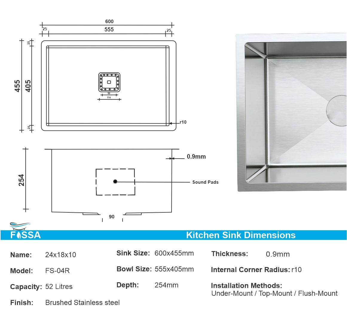 Fossa 24"X18"X10" Single Bowl Stainless Steel Handmade Kitchen Sink Matte Finish - Fossa Home 