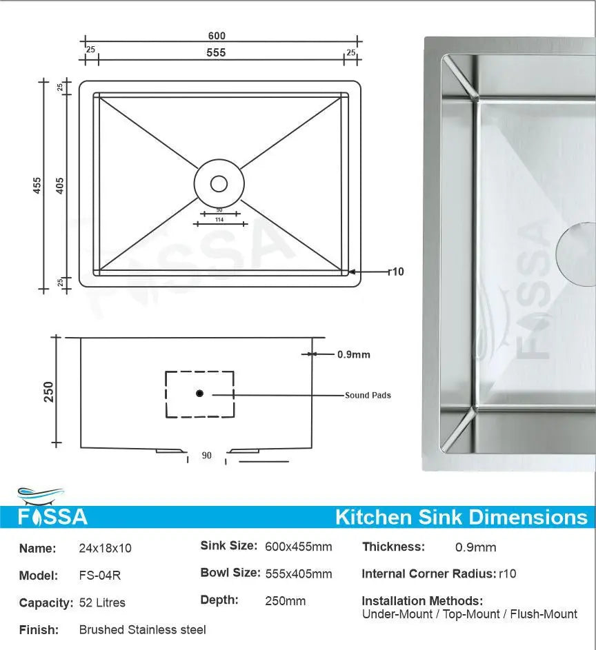 Fossa 24"x18"x10" Inch Single Bowl SS-304 Grade Stainless Steel Handmade Kitchen Sink Round Coupling Silver Fossa Home