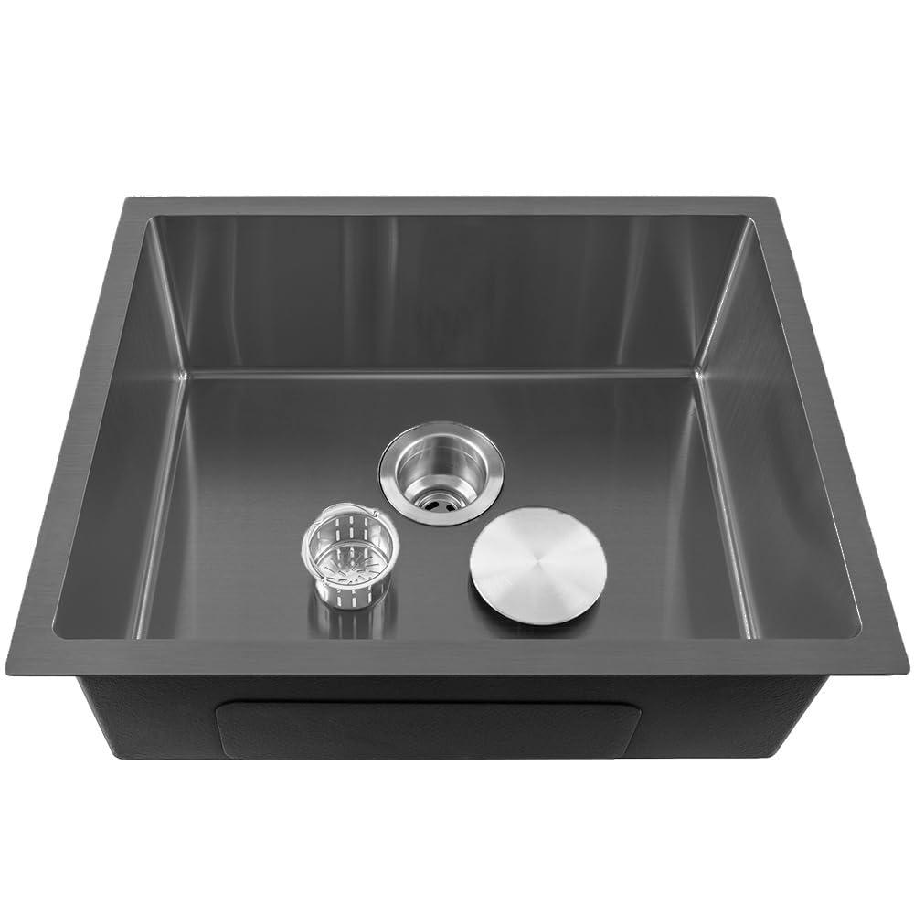 Fossa 24"x18"x10" Single Bowl 304 Grade Stainless Steel Handmade Kitchen Sink Round Coupling Matte Finish FHS-04R Black - Fossa Home 