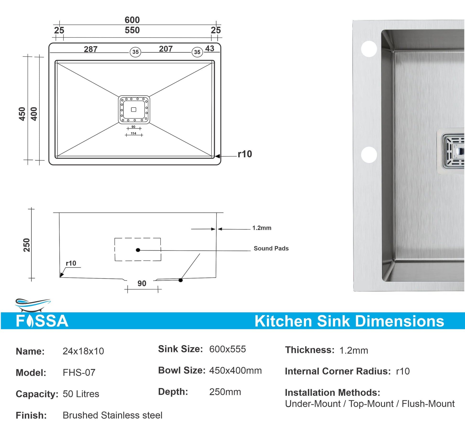 Fossa 24"x18"x10" Single Bowl With Tap Hole SS-304 Grade Handmade Kitchen Sink Silver Fossa Home