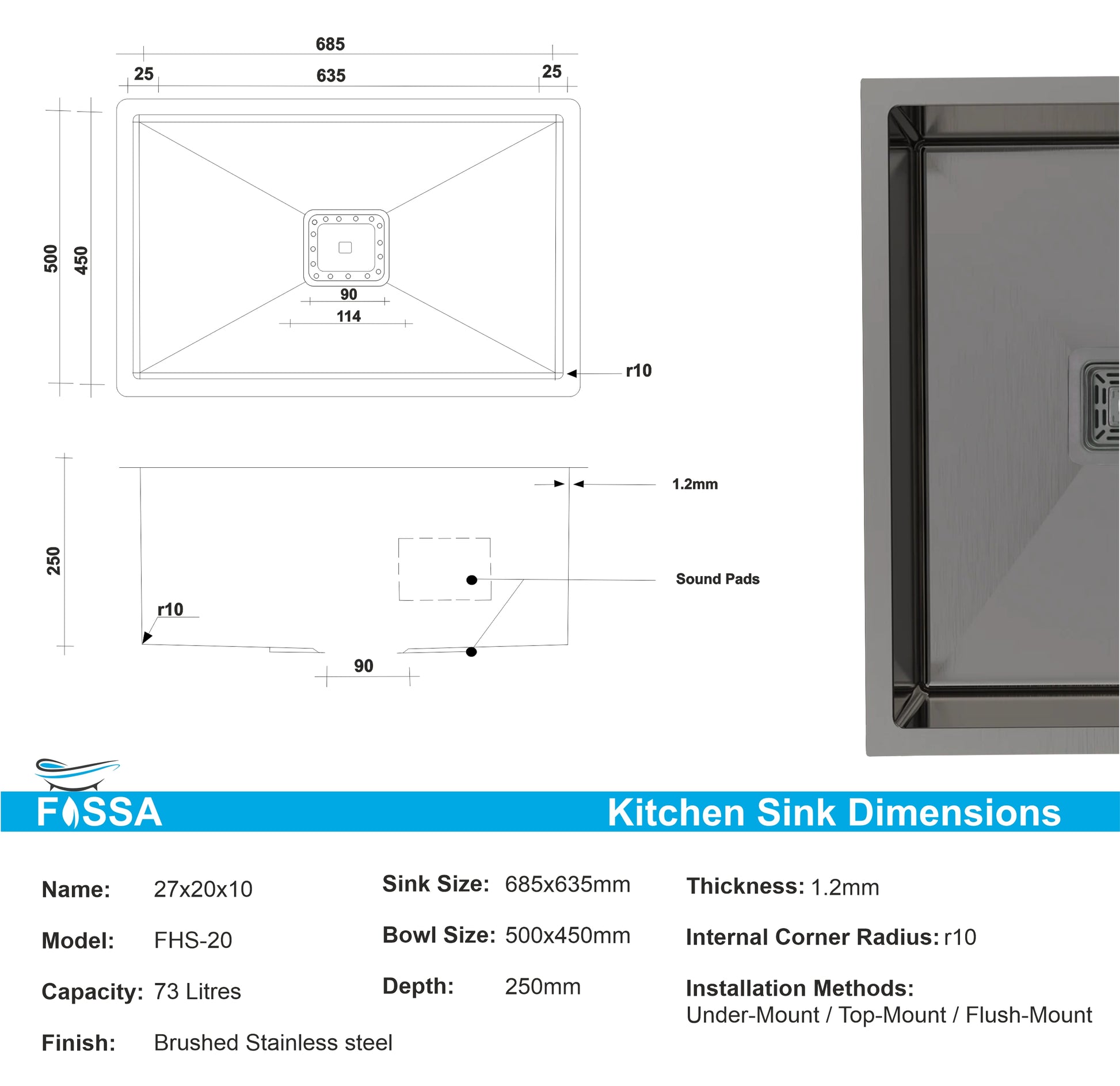 Fossa 27"x20"x10" Single Bowl SS-304 Grade Stainless Steel Handmade Kitchen Sink Black Fossa Home