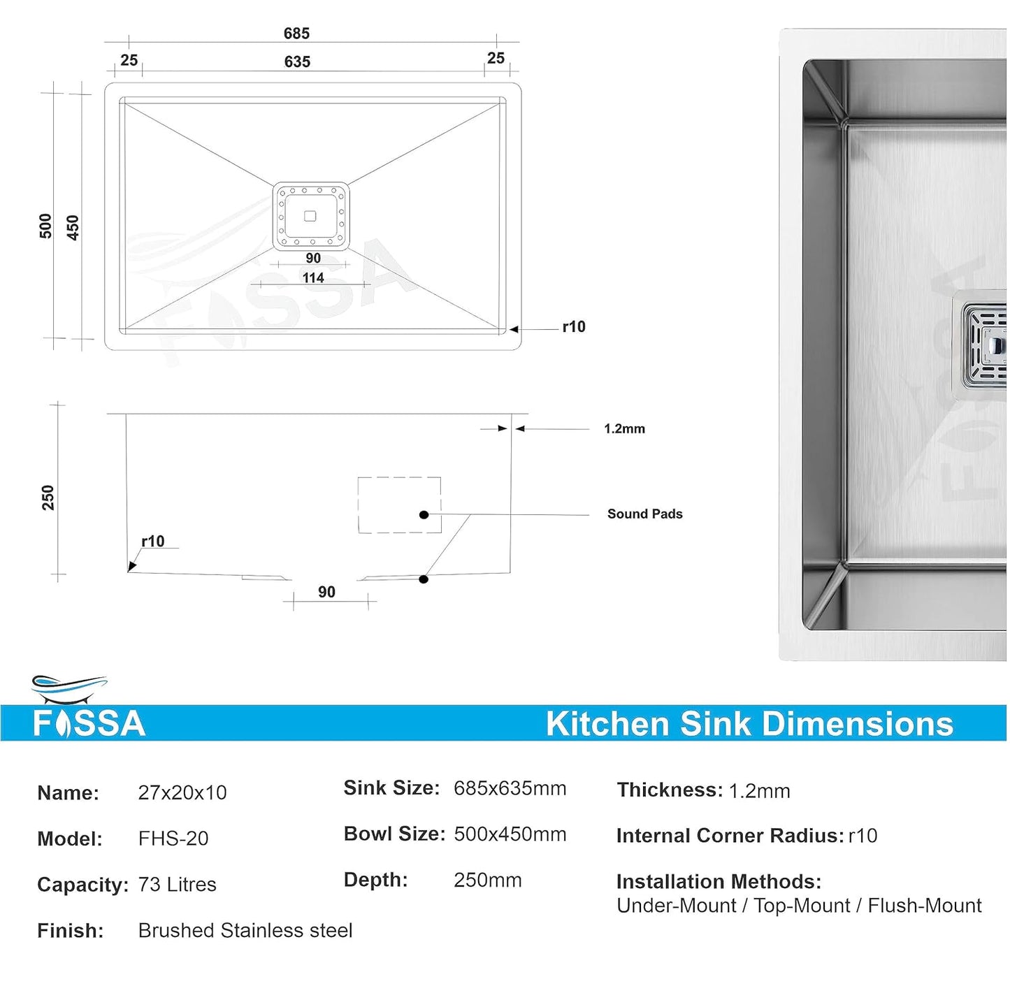 Fossa 27"x20"x10" Single Bowl SS-304 Grade Stainless Steel Handmade Kitchen Sink Fossa Home