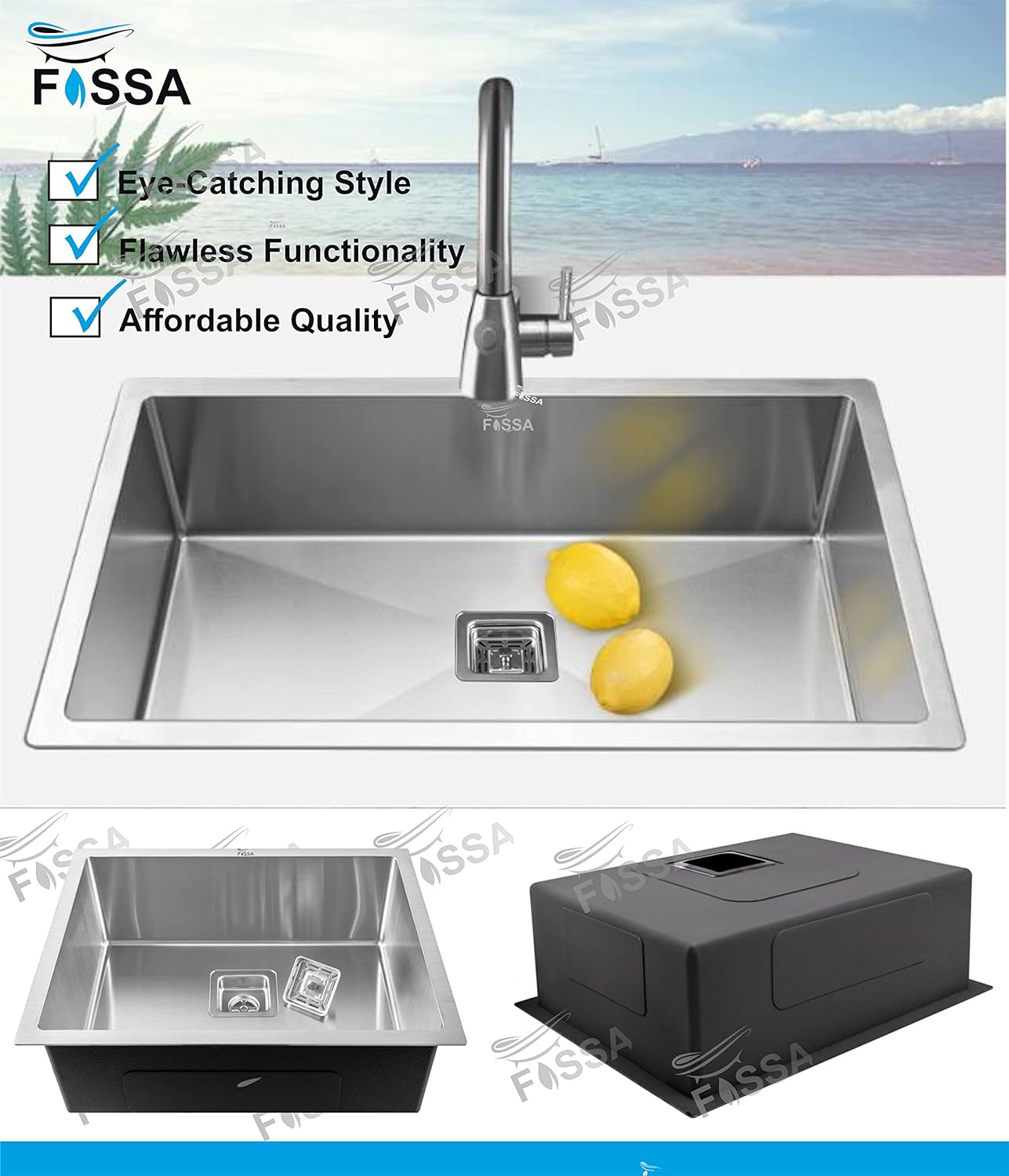 Fossa 27"x20"x10" Single Bowl SS-304 Grade Stainless Steel Handmade Kitchen Sink Fossa Home