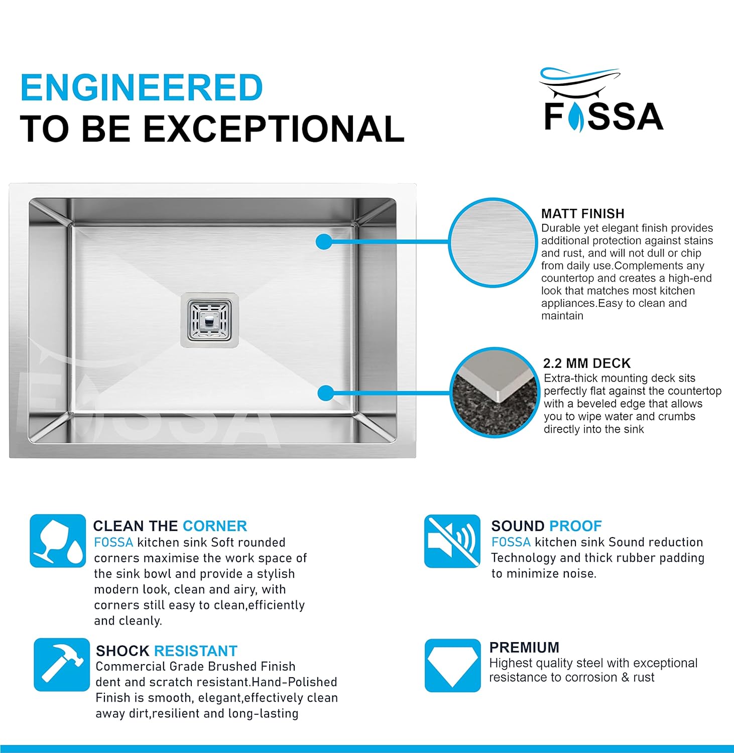 Fossa 27"x20"x10" Single Bowl SS-304 Grade Stainless Steel Handmade Kitchen Sink Fossa Home