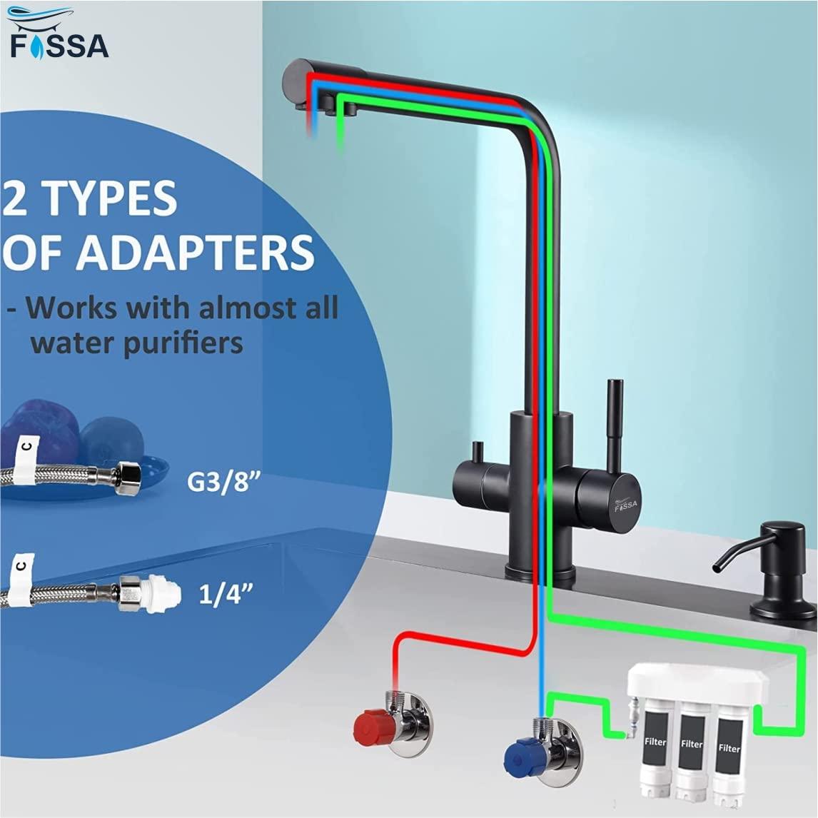 Fossa Pure 3-Way Kitchen Tap, 360° Swivel, Kitchen Mixer Tap for, 3-in-1 High Pressure Tap, Drinking Tap with 2 Levers, Brushed Stainless Steel - Fossa Home 