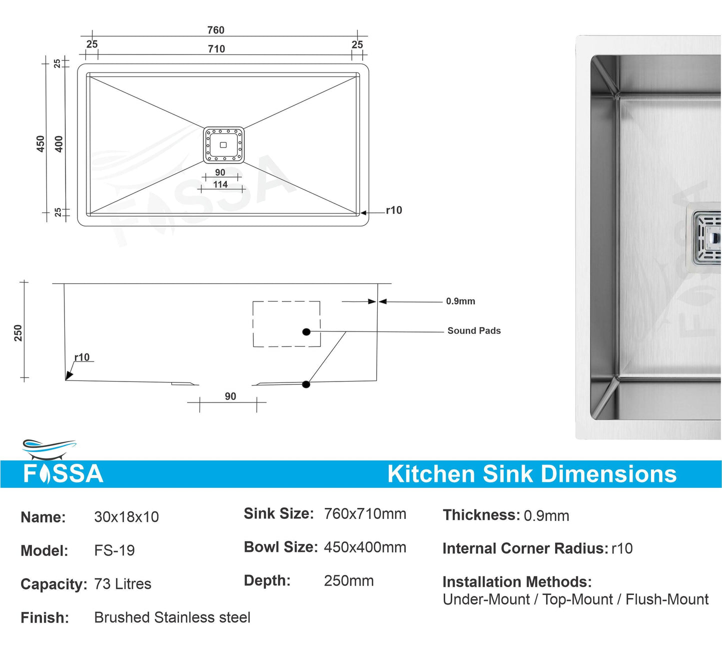 Fossa 30"x18"x10" Single Bowl Stainless Steel Handmade Kitchen Sink Matte Finish - Fossa Home 