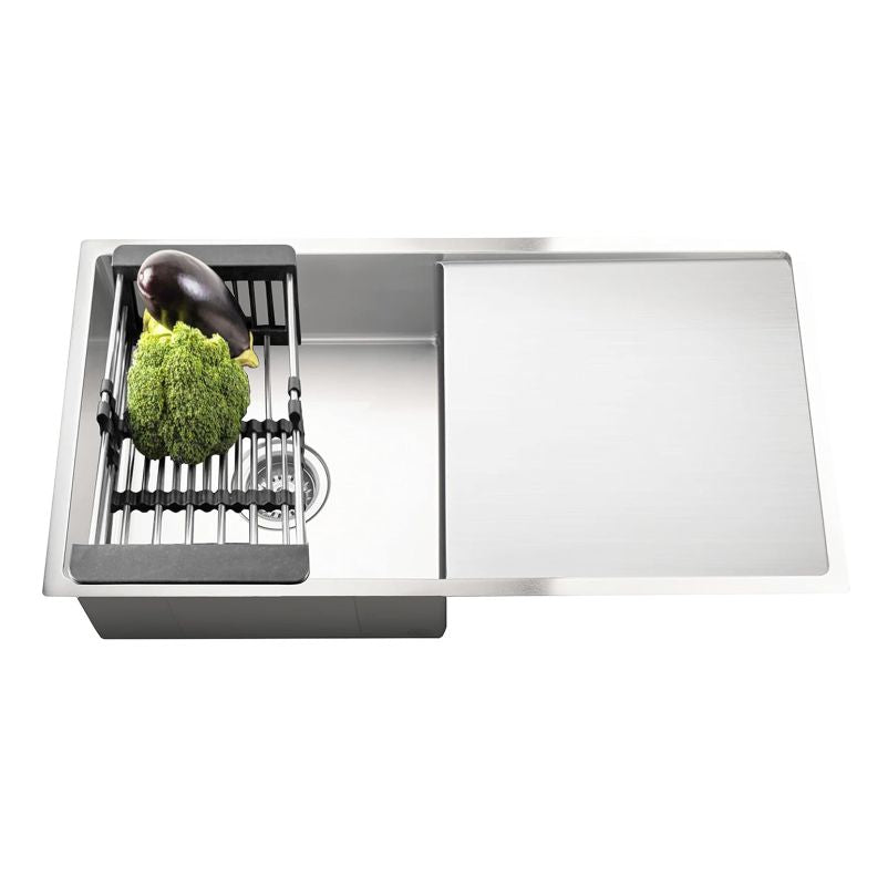 Fossa 32"X20"X10" Single Bowl With Drain Board SS-304 Grade Handmade Kitchen Sink ( Round Coupling ) Silver Fossa Home