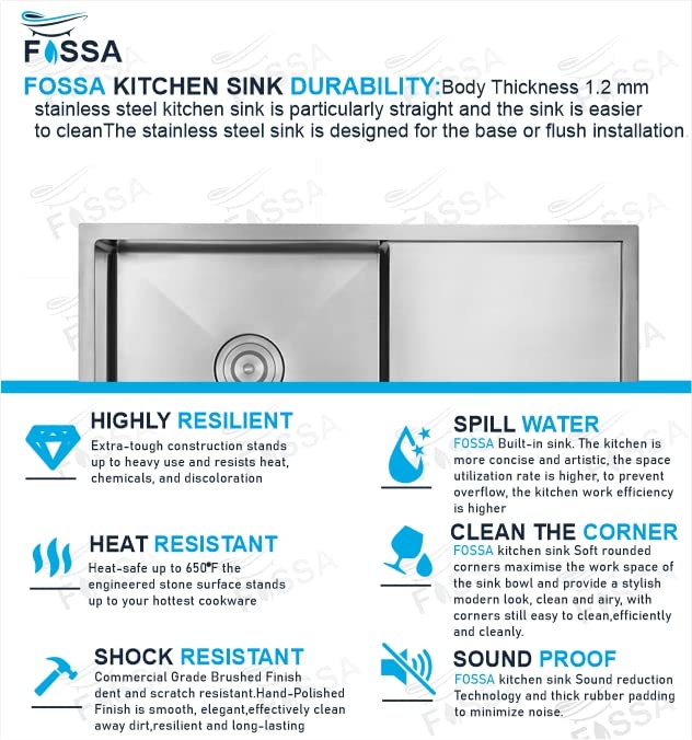 Fossa 32"X20"X10" Single Bowl With Drain Board SS-304 Grade Handmade Kitchen Sink ( Round Coupling ) Silver Fossa Home