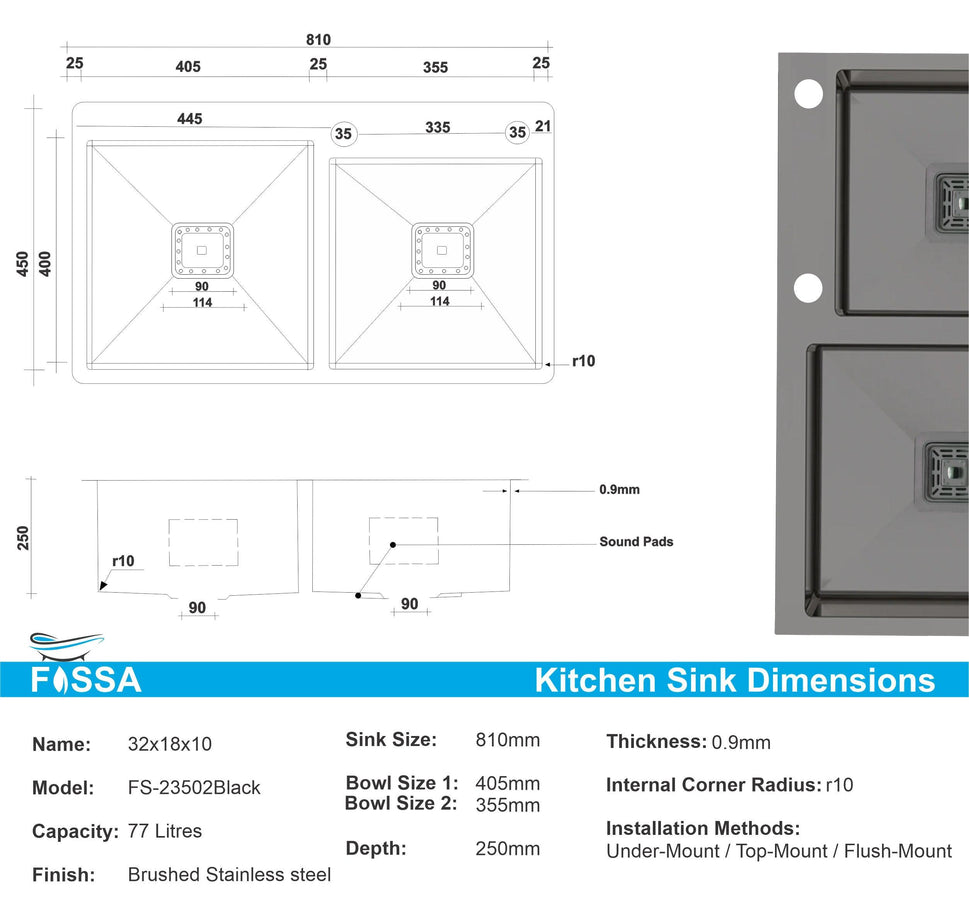 Fossa 32"x18"x10" Double Bowl with Tap Hole Stainless Steel Handmade Kitchen Sink Black Matte Finish - Fossa Home 