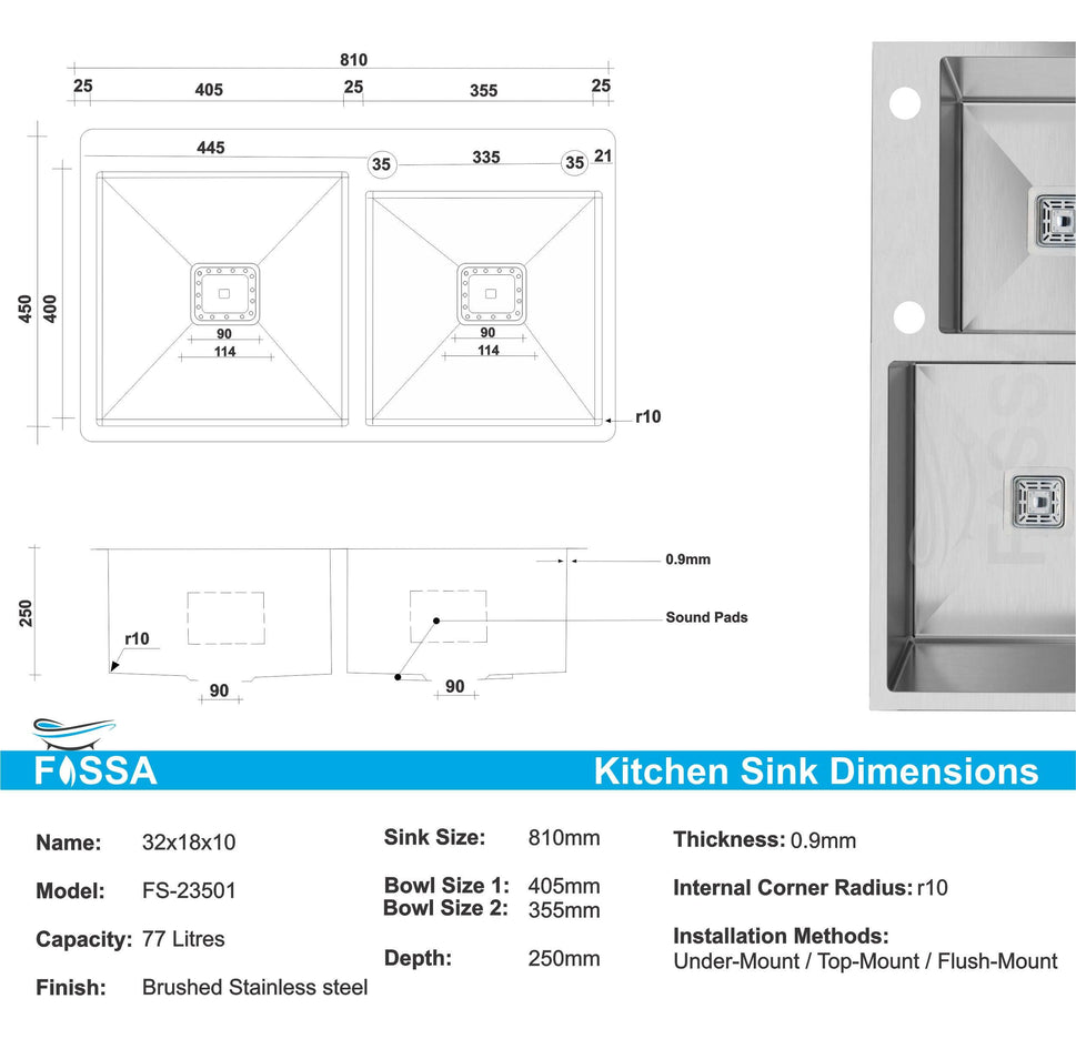 Fossa 32"x18"x10" Double Bowl with Tap Hole Stainless Steel Handmade Kitchen Sink Matte Finish - Fossa Home 