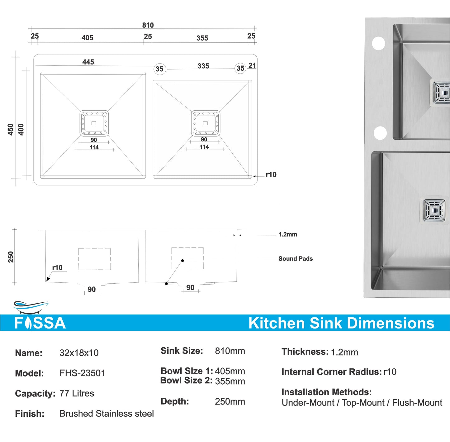 Fossa 32"x18"x10" Double Bowl with Single Tap Hole SS-304 Grade Handmade Kitchen Sink Silver Fossa Home