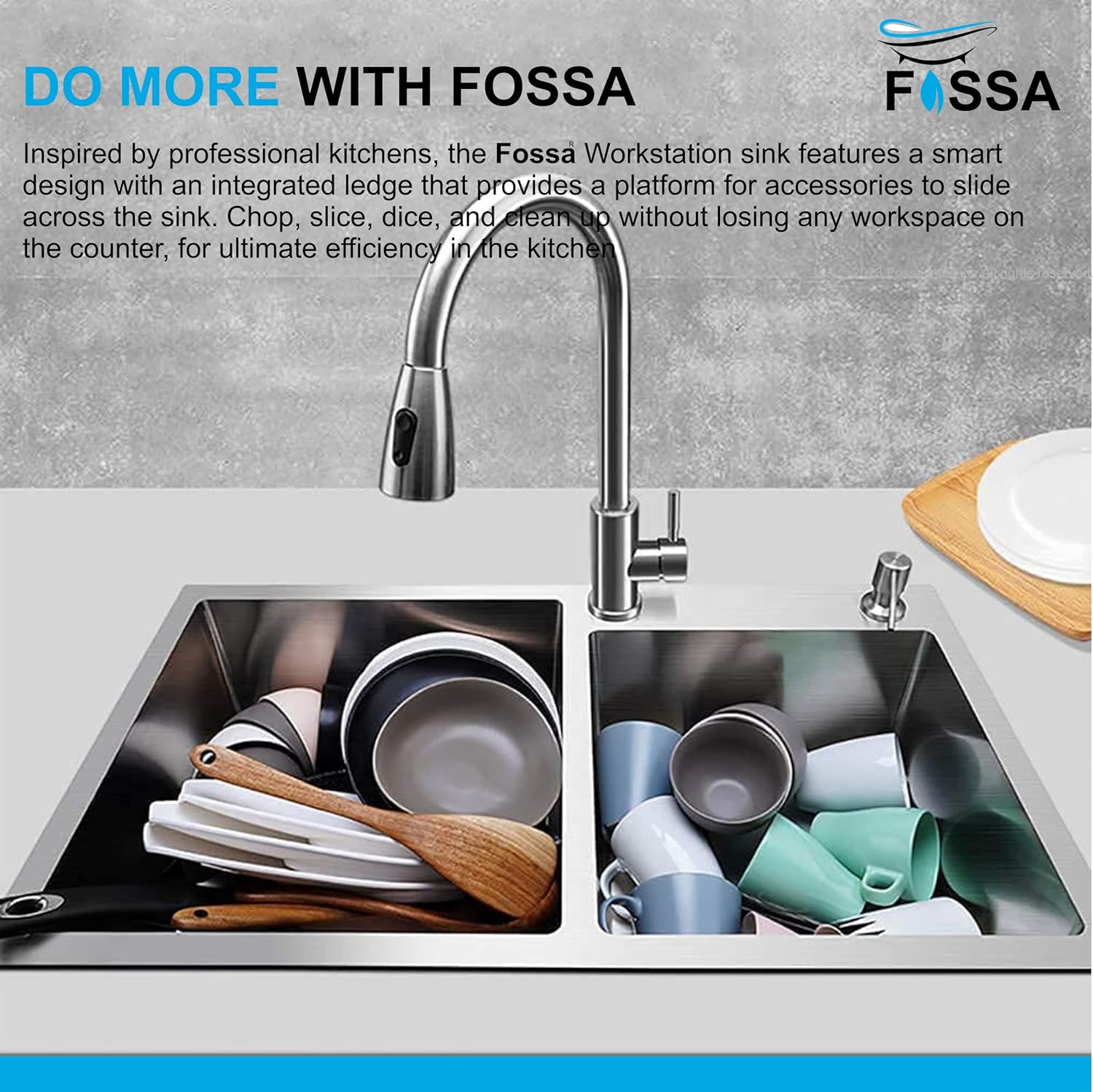 Fossa 32"x18"x10" Double Bowl with Single Tap Hole SS-304 Grade Handmade Kitchen Sink Silver Fossa Home