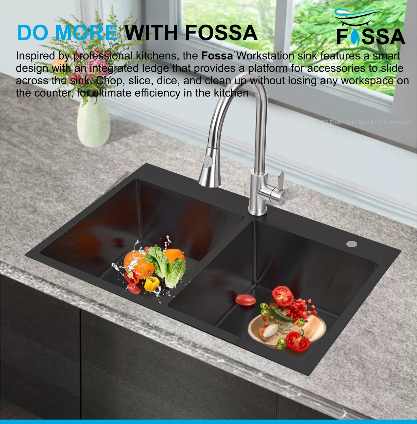 Fossa 32x18x10 inch Double Bowl With Tap Hole Premium Handmade Kitchen Sink Black Fossa Home