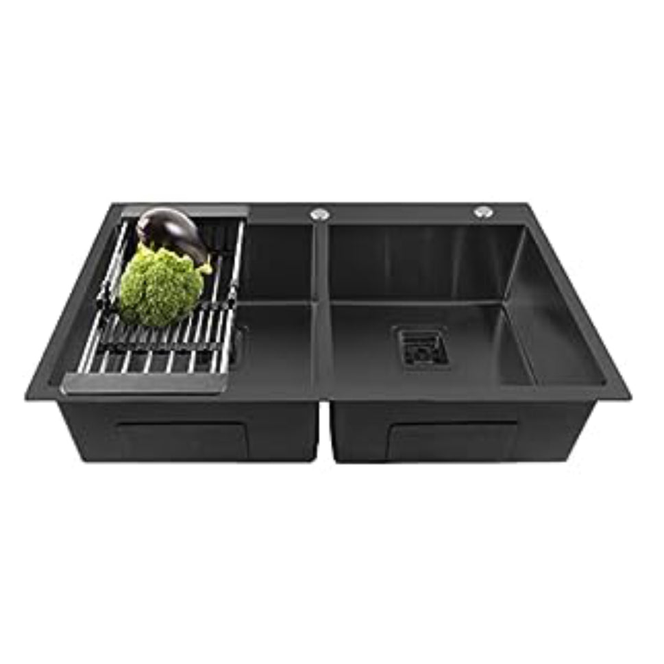 Fossa 32"x18"x10" Inch Double Bowl With Tap Hole Premium Handmade Kitchen Sink Black